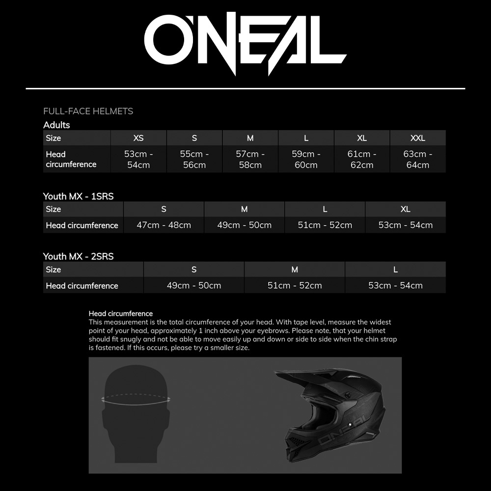 Oneal mx clearance size chart