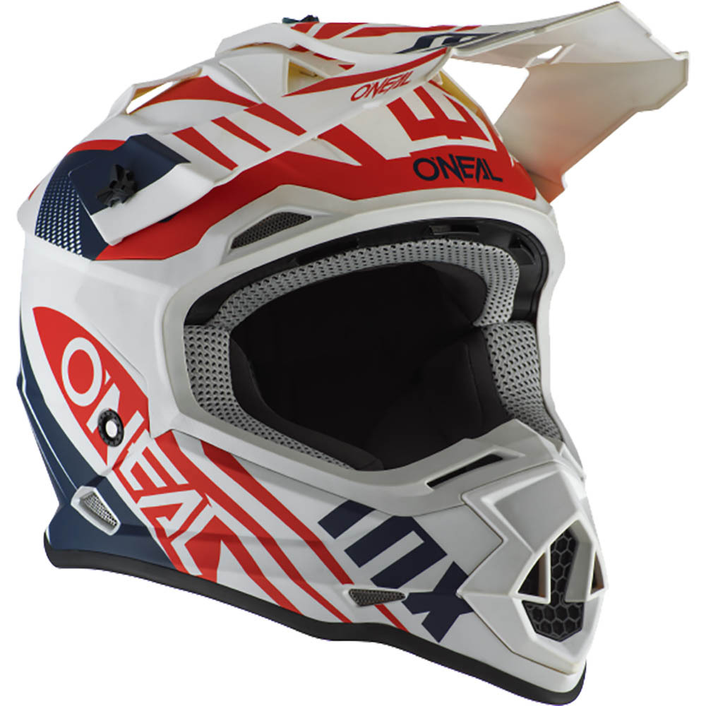 red white and blue dirt bike helmet